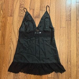 Sleek Black Satin Chemise with Lace Trim